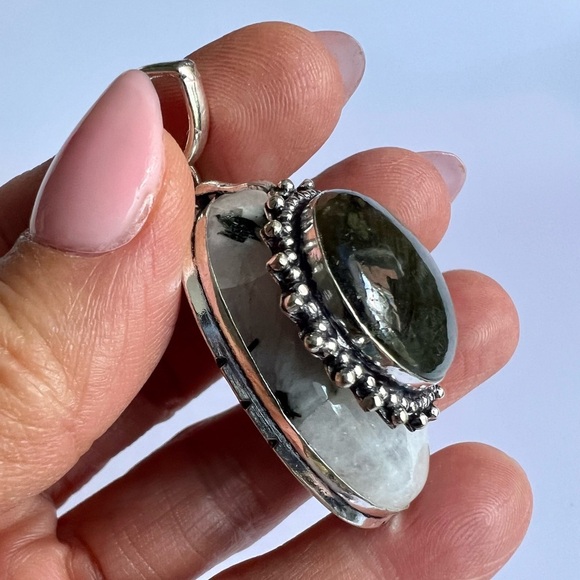 925 INSANE FLASH Labradorite on Moonstone w/ Black Tourmaline! pendant Necklace - Picture 5 of 7